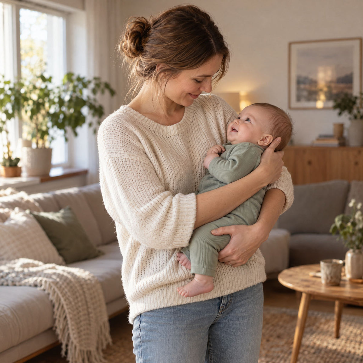Mutter schaukelt ihr Baby sanft im Arm, das Baby schaut sie neugierig an