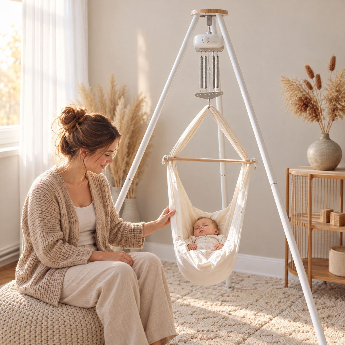 Mutter sitzt neben der swing2sleep Federwiege, in der ihr Baby ruhig einschläft